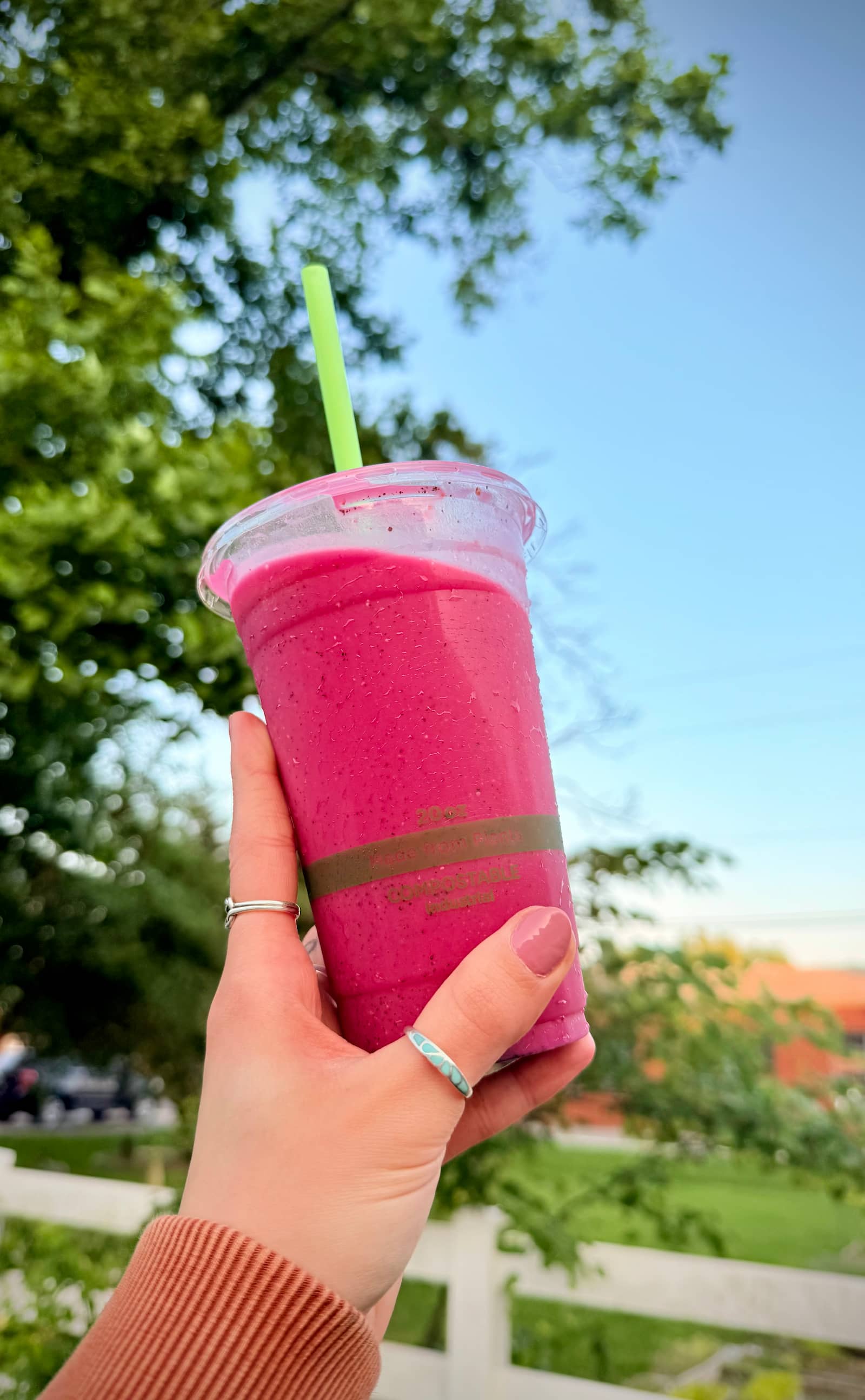 Vibrant pink wellness smoothie with an outdoor backdrop