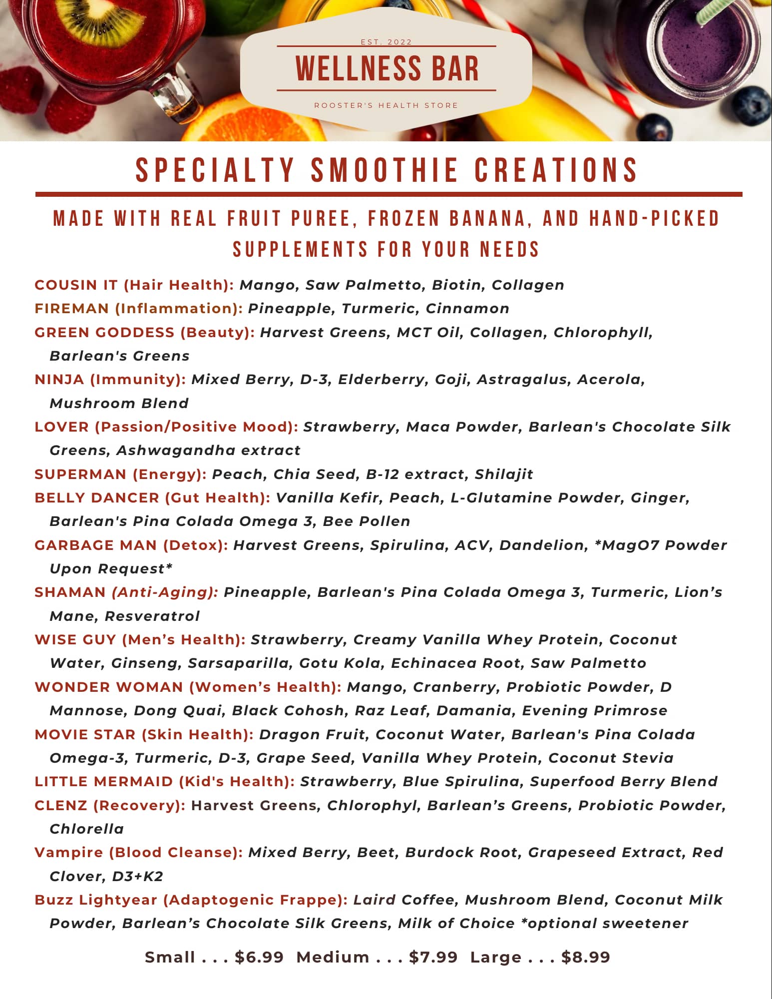 Roosters Wellness Bar specialty smoothie menu featuring 16 named smoothie creations with ingredients and health benefits
