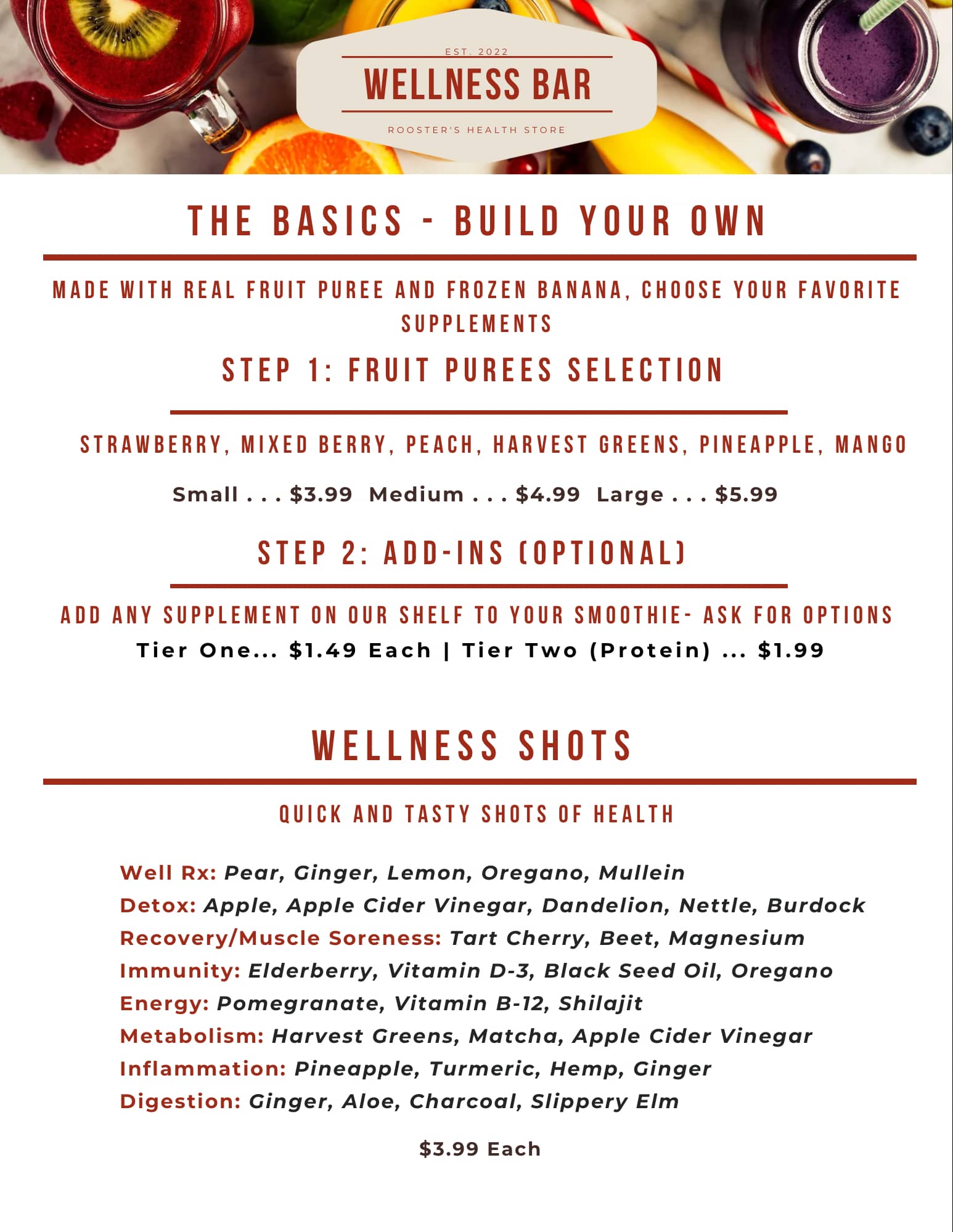 Roosters Wellness Bar build-your-own smoothie menu and wellness shots guide