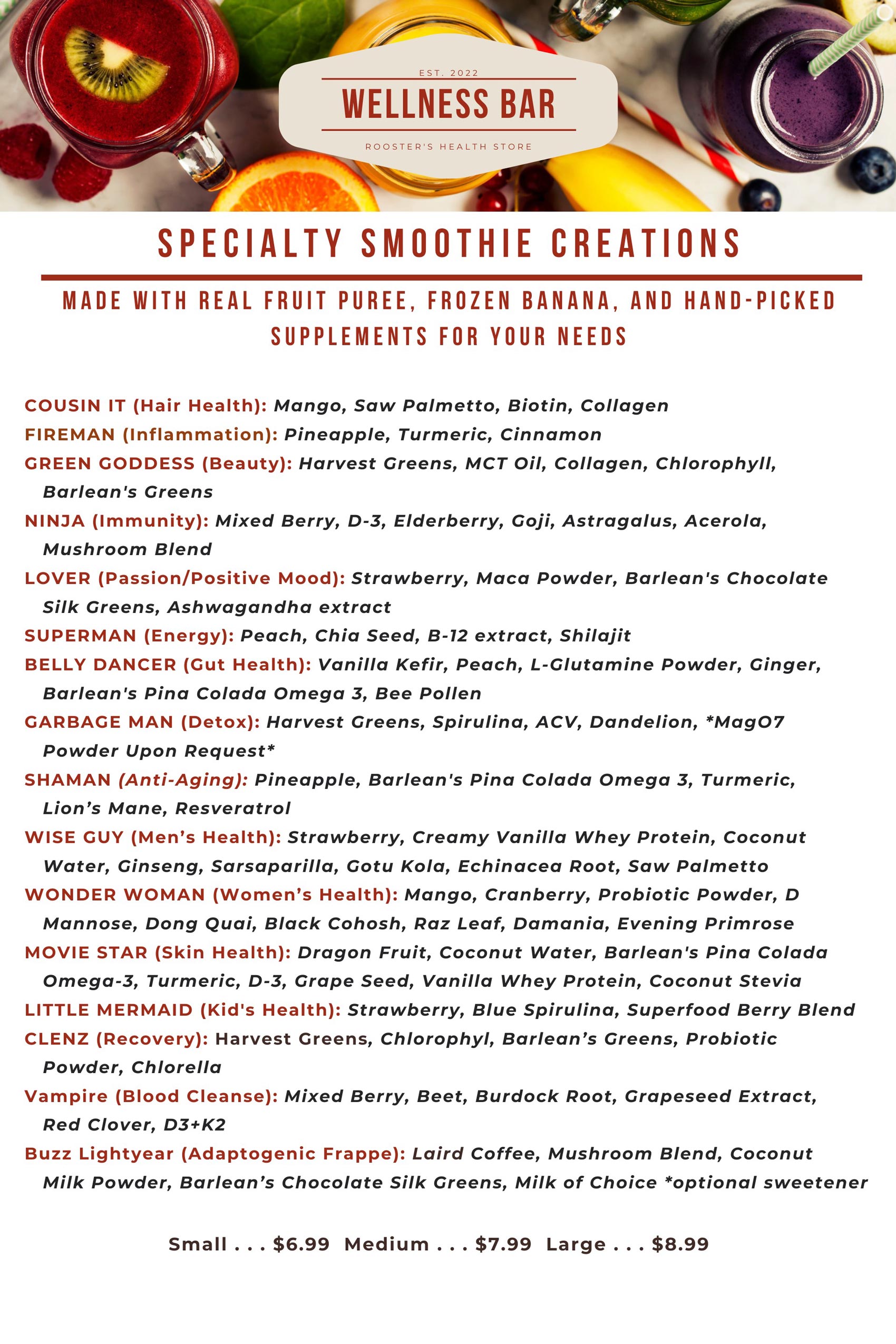 2026 Roosters Menu Menu